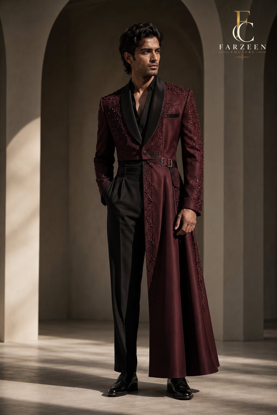 Man in an oxblood and black deconstructed trench tuxedo