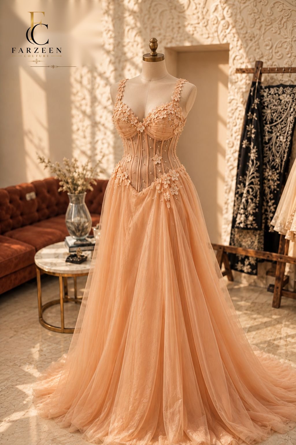 Peach corset gown with 3D petals and a full tulle skirt on a mannequin