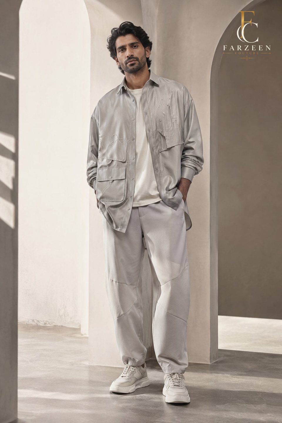 Man in a pearl-grey overshirt, T-shirt and utility pants