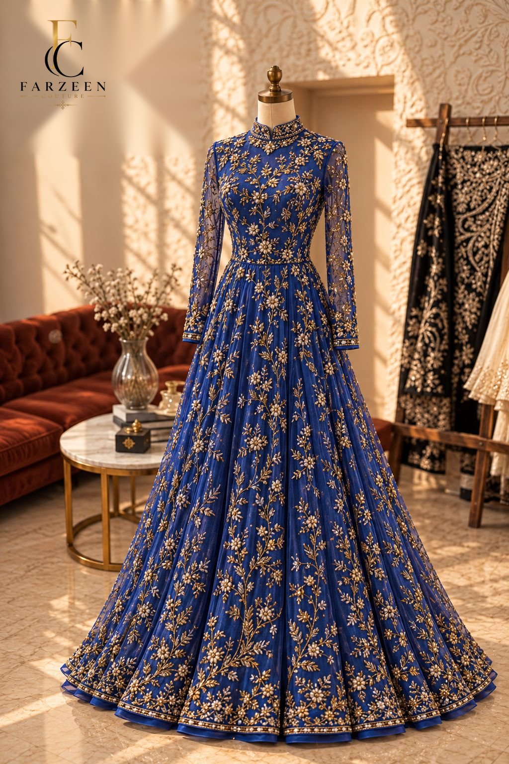 Royal blue lehenga with long-sleeve blouse and gold floral embroidery on a mannequin