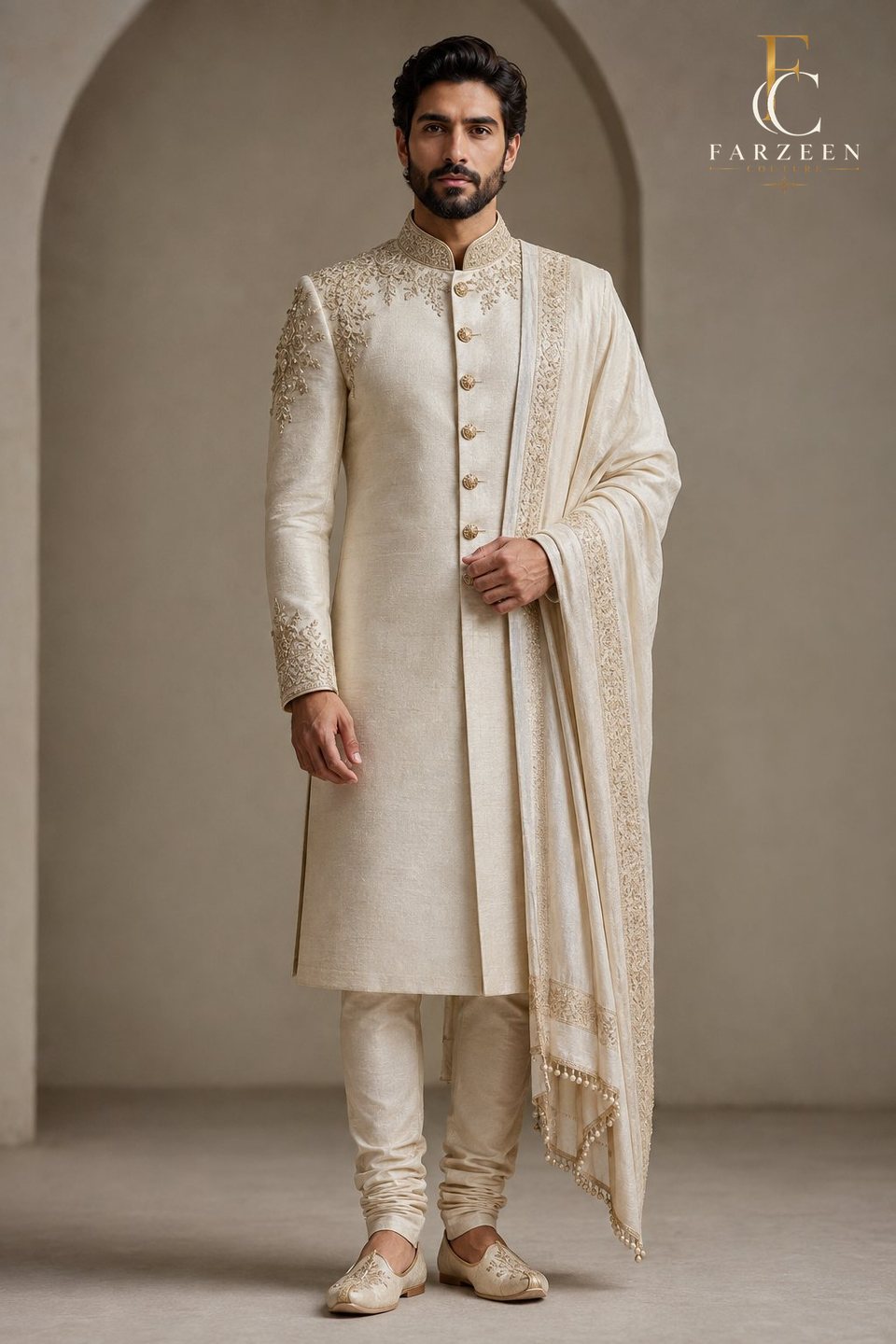 Groom in an ivory raw-silk sherwani with tonal zardozi, pearls and a matching stole