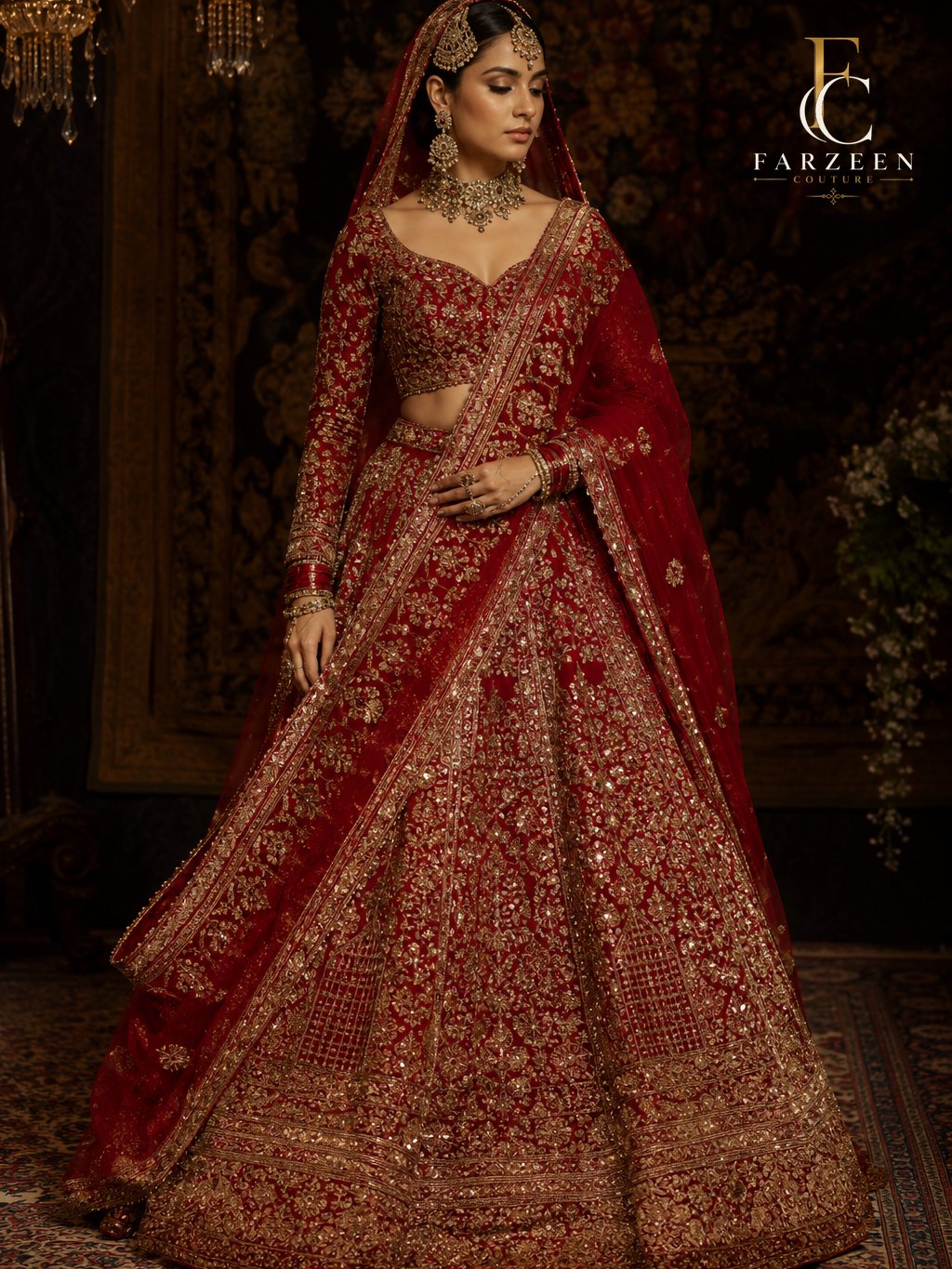 Bride in a royal red hand-embroidered lehenga with a sheer red dupatta in a sunlit hall