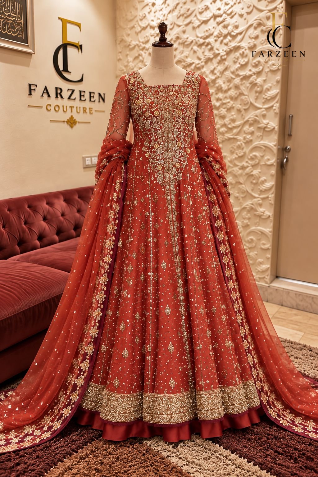 Rust-red bridal anarkali with gold embroidery and a long dupatta at the Farzeen Couture atelier