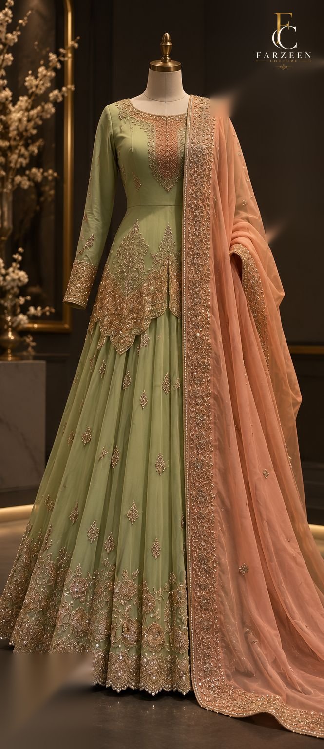 Sage-green anarkali with a peach embroidered dupatta on a mannequin