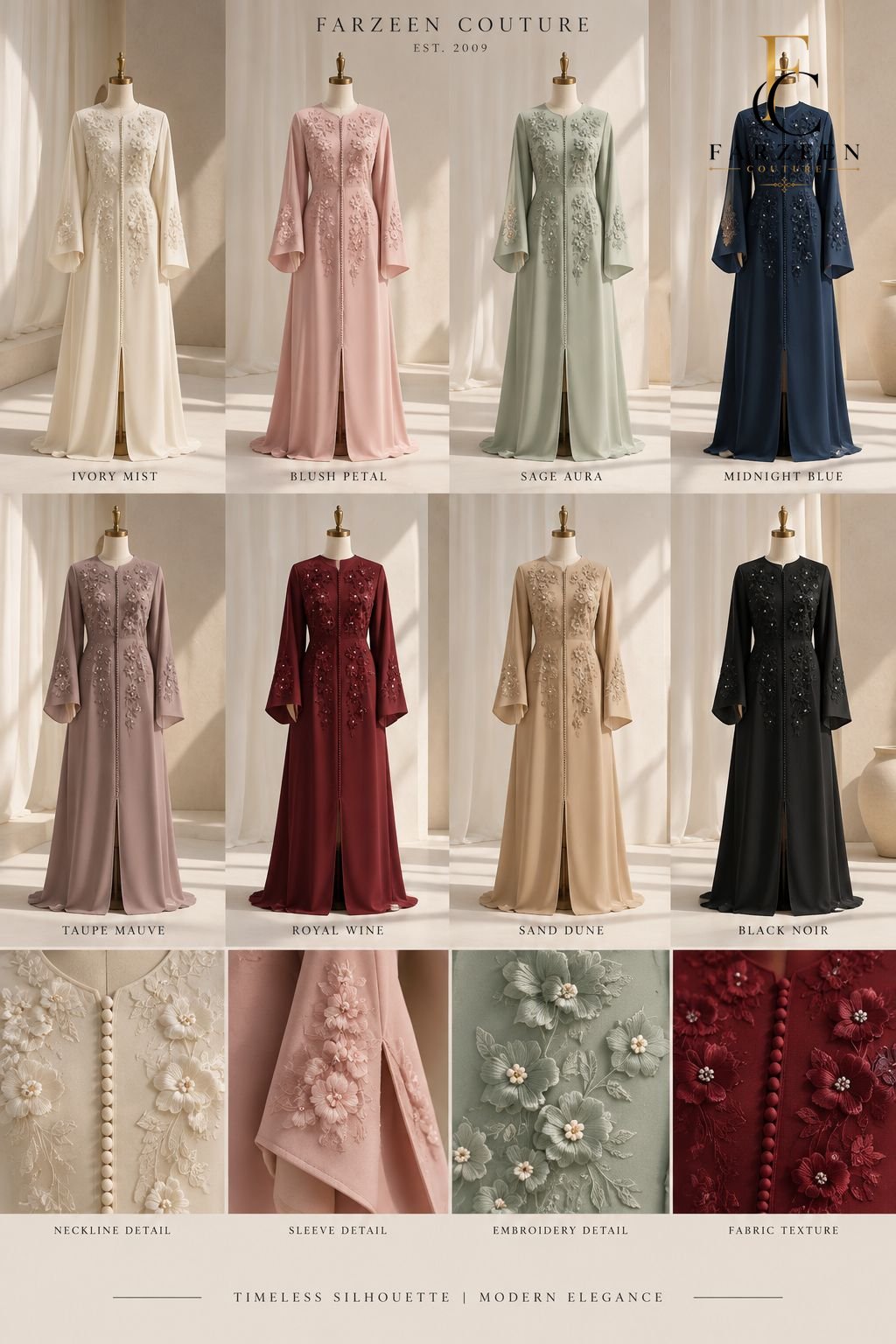 Eight embroidered kaftans in ivory, blush, sage, blue, mauve, wine, sand and black