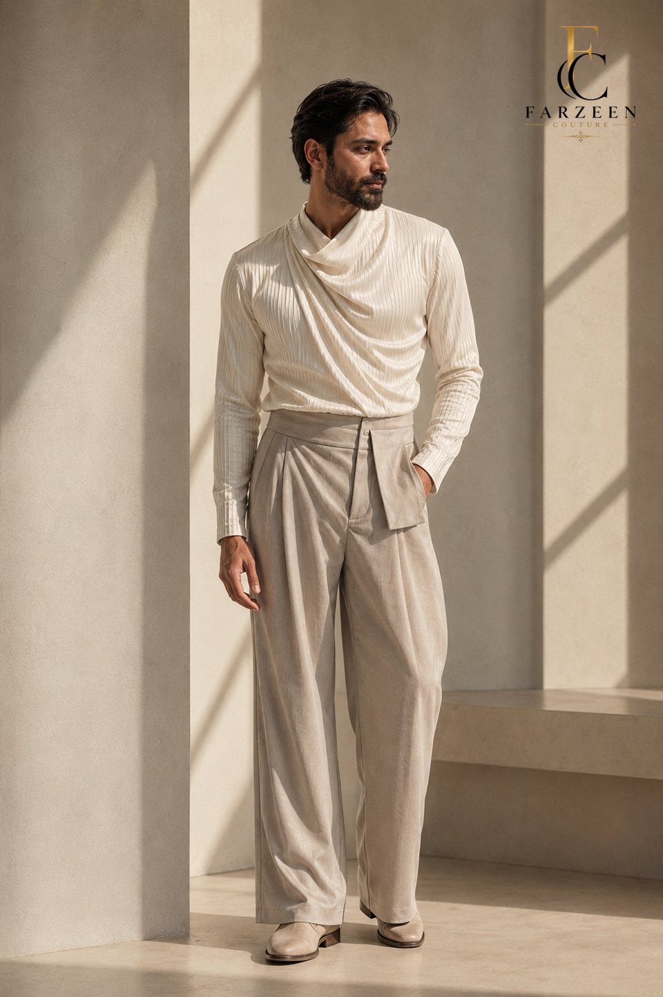 Man in a pearl draped cowl-neck top and stone wide trousers