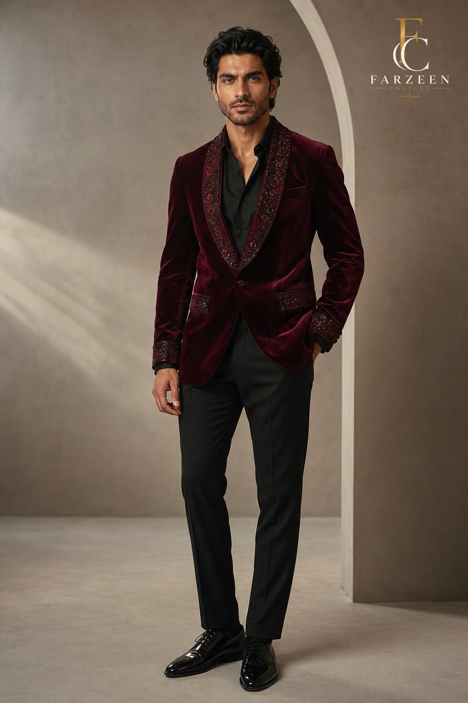 Man in a wine velvet dinner jacket with crystal shawl collar